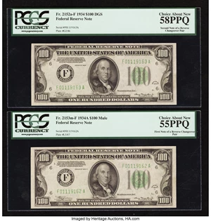 image for: Fr. 2153-F/Fr. 2152-F $100 1934A/1934 Federal Reserve Notes. Reverse Changeover Pair. PCGS Choice About New 55PPQ/58PPQ....