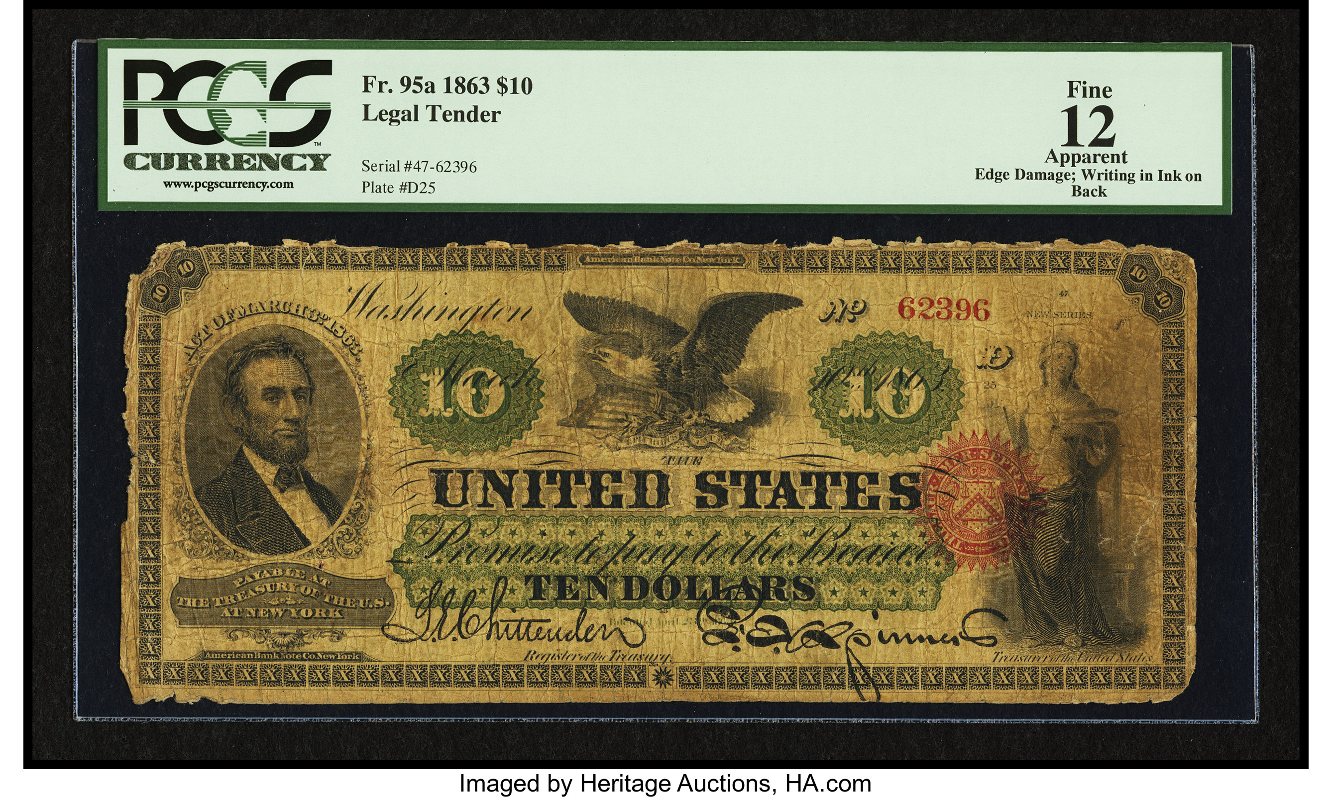 image for: Fr. 95a $10 1863 Legal Tender PCGS Apparent Fine 12....