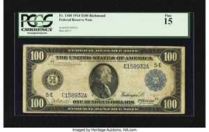 image for: Fr. 1100 $100 1914 Federal Reserve Note PCGS Fine 15....