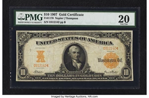image for: Fr. 1170 $10 1907 Gold Certificate PMG Very Fine 20....