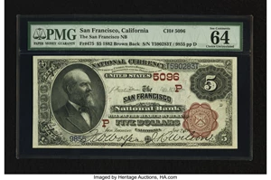 image for: San Francisco, CA - $5 1882 Brown Back Fr. 475 The San Francisco NB Ch. # (P)5096...