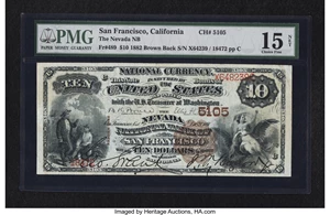 image for: San Francisco, CA - $10 1882 Brown Back Fr. 489 The Nevada NB Ch. # 5105...