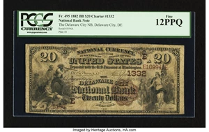 image for: Delaware City, DE - $20 1882 Brown Back Fr. 495 The Delaware City NB Ch. # (E)1332...