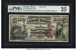 image for: Chicago, IL - $100 1882 Brown Back Fr. 520 The Metropolitan NB Ch. # 3179...