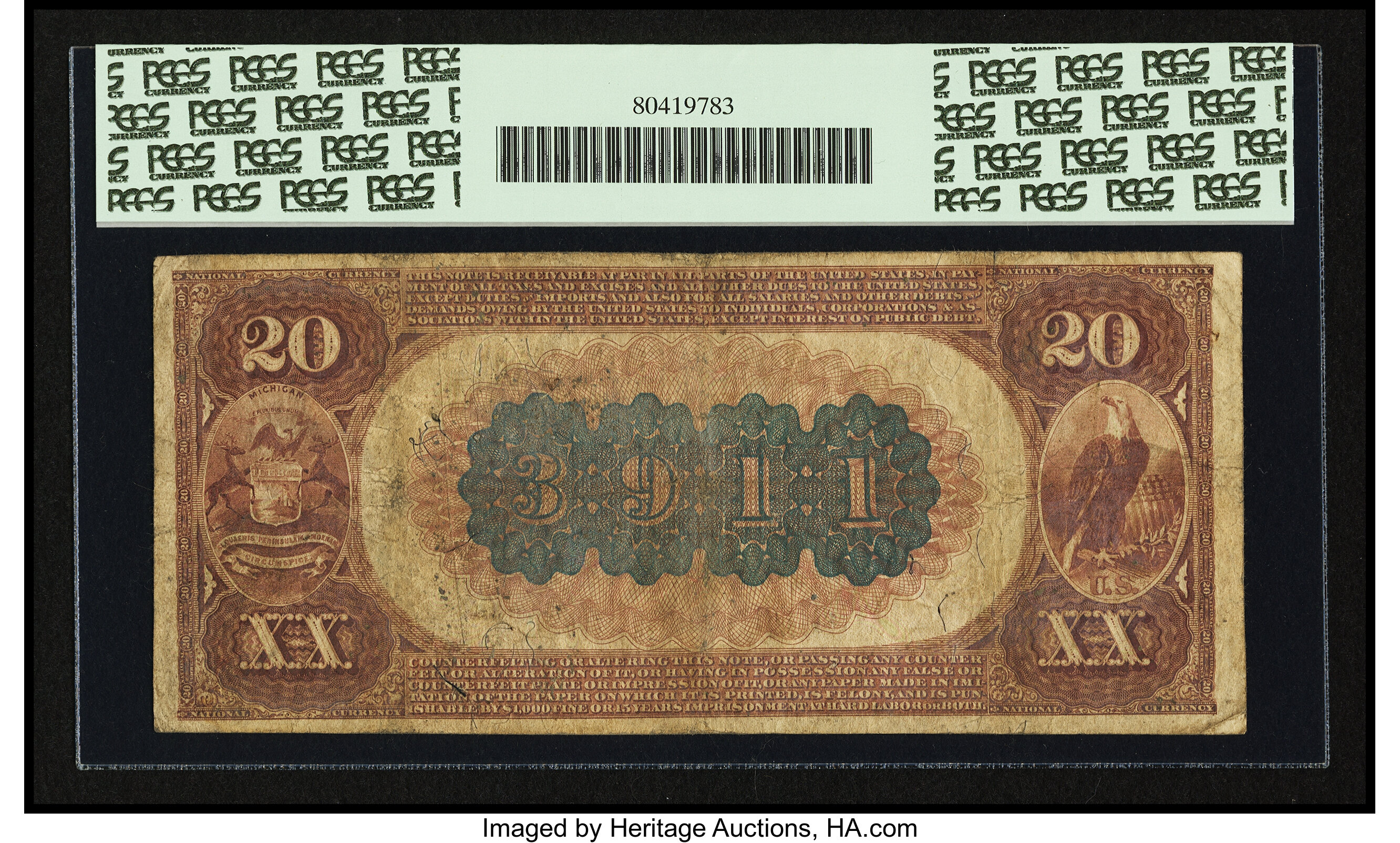 image for: Saginaw, MI - $20 1882 Brown Back Fr. 497 The Commercial NB Ch. # 3911...