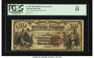 image for: Fulton, NY - $20 1882 Brown Back Fr. 495 The Citizens NB Ch. # 1178...