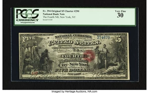 image for: New York, NY - $5 Original Fr. 394 The Fourth NB Ch. # 290...