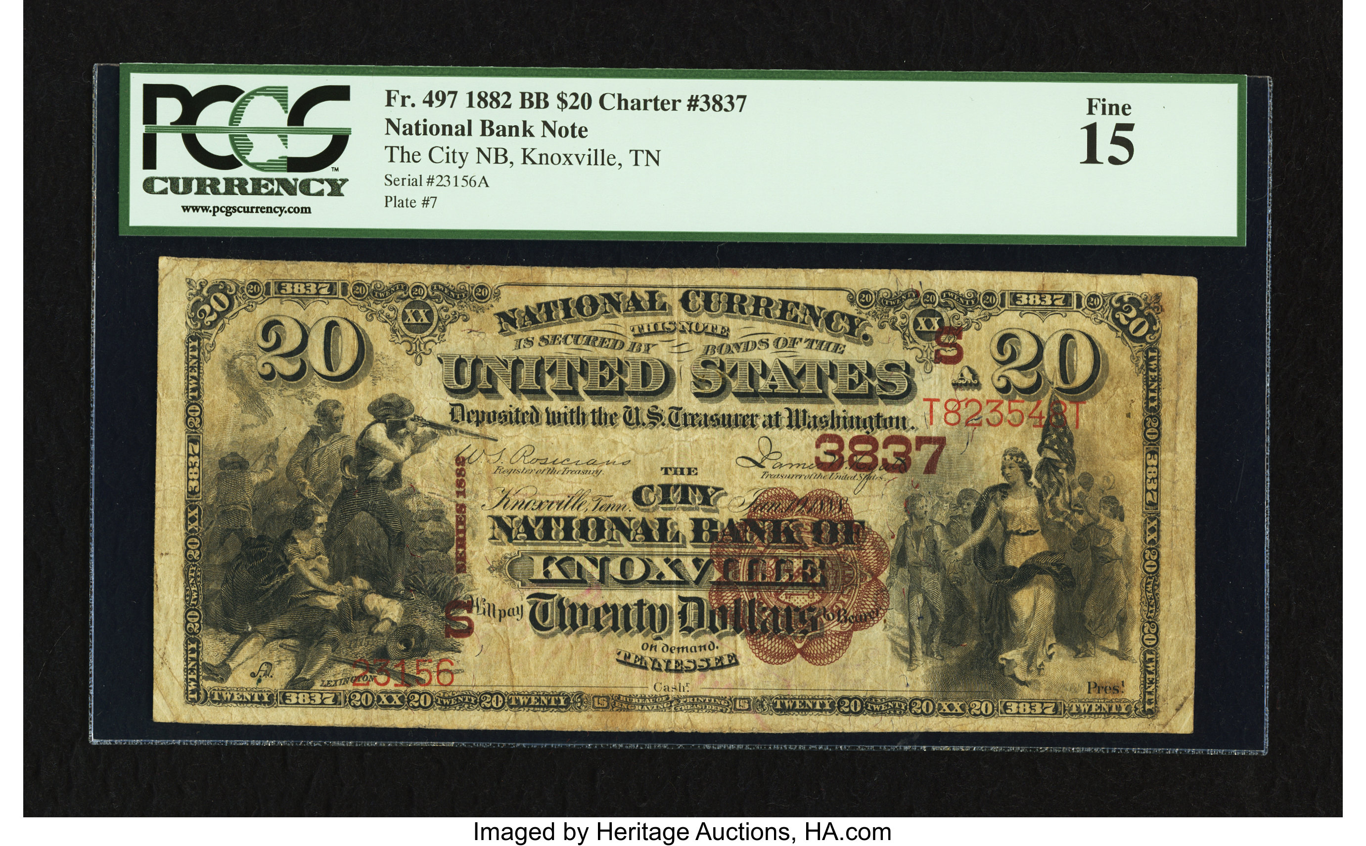 image for: Knoxville, TN - $20 1882 Brown Back Fr. 497 The City NB Ch. # (S)3837...