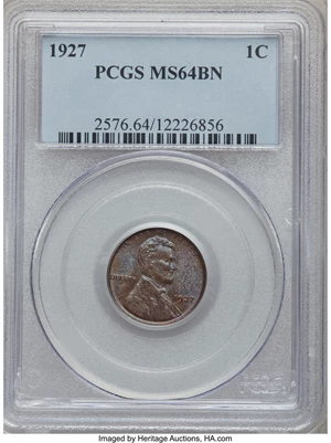 image for: 1927 1C MS64 Brown PCGS. PCGS Population (13/0). NGC Census: (31/10). Mintage: 144,440,000. Numismedia Wsl. Price for probl...