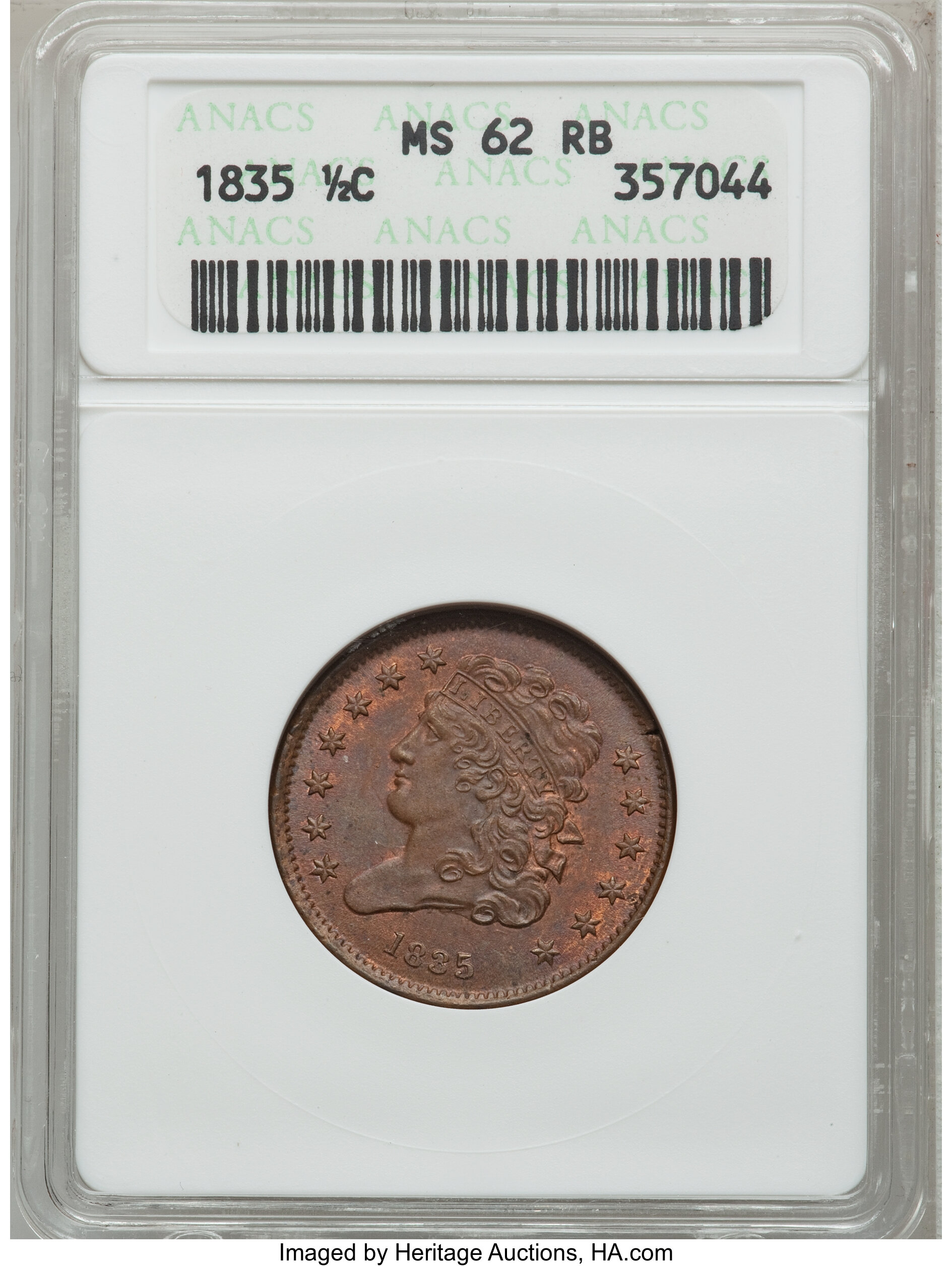 1835 1/2 C MS62 Red and Brown ANACS. NGC Census: (2/233). PCGS Population (14/180). Mintage: 398,000. Numismedia Wsl. Price...