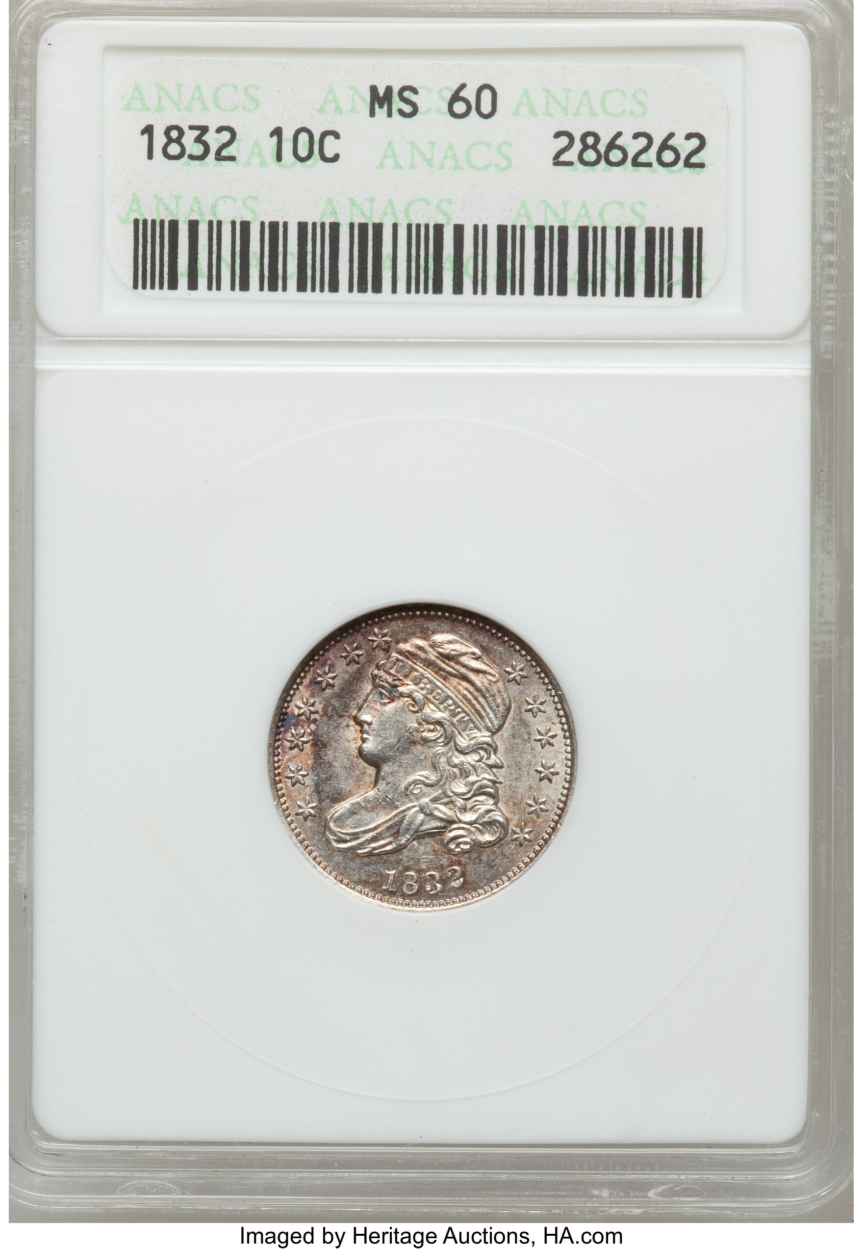 1832 10C MS60 ANACS. NGC Census: (0/158). PCGS Population (6/111). Mintage: 522,500. Numismedia Wsl. Price for problem free...