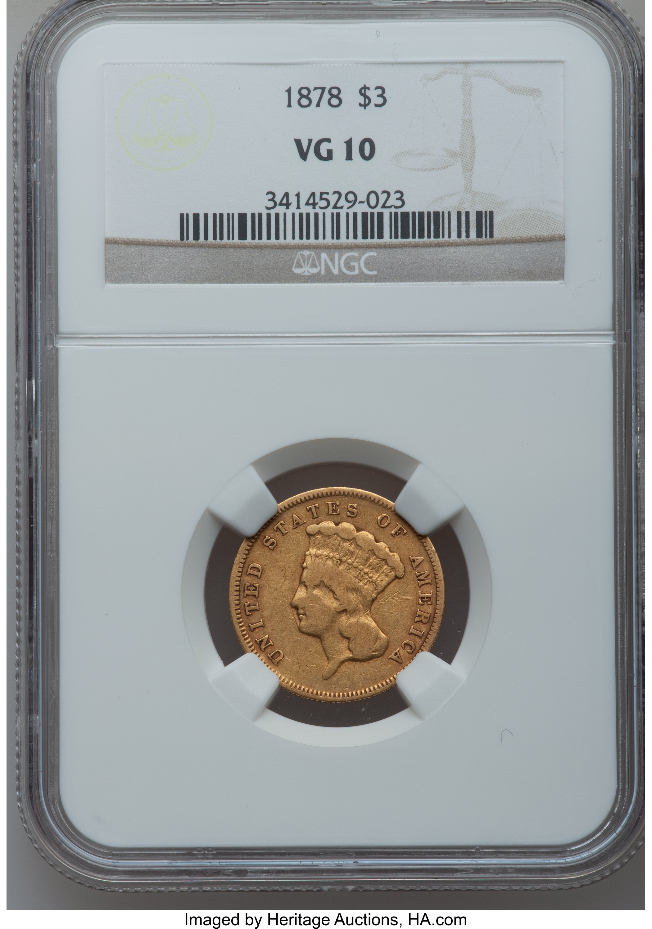 1878 $3 VG10 NGC. NGC Census: (1/5280). PCGS Population (0/5356). Mintage: 82,304. Numismedia Wsl. Price for problem free N...