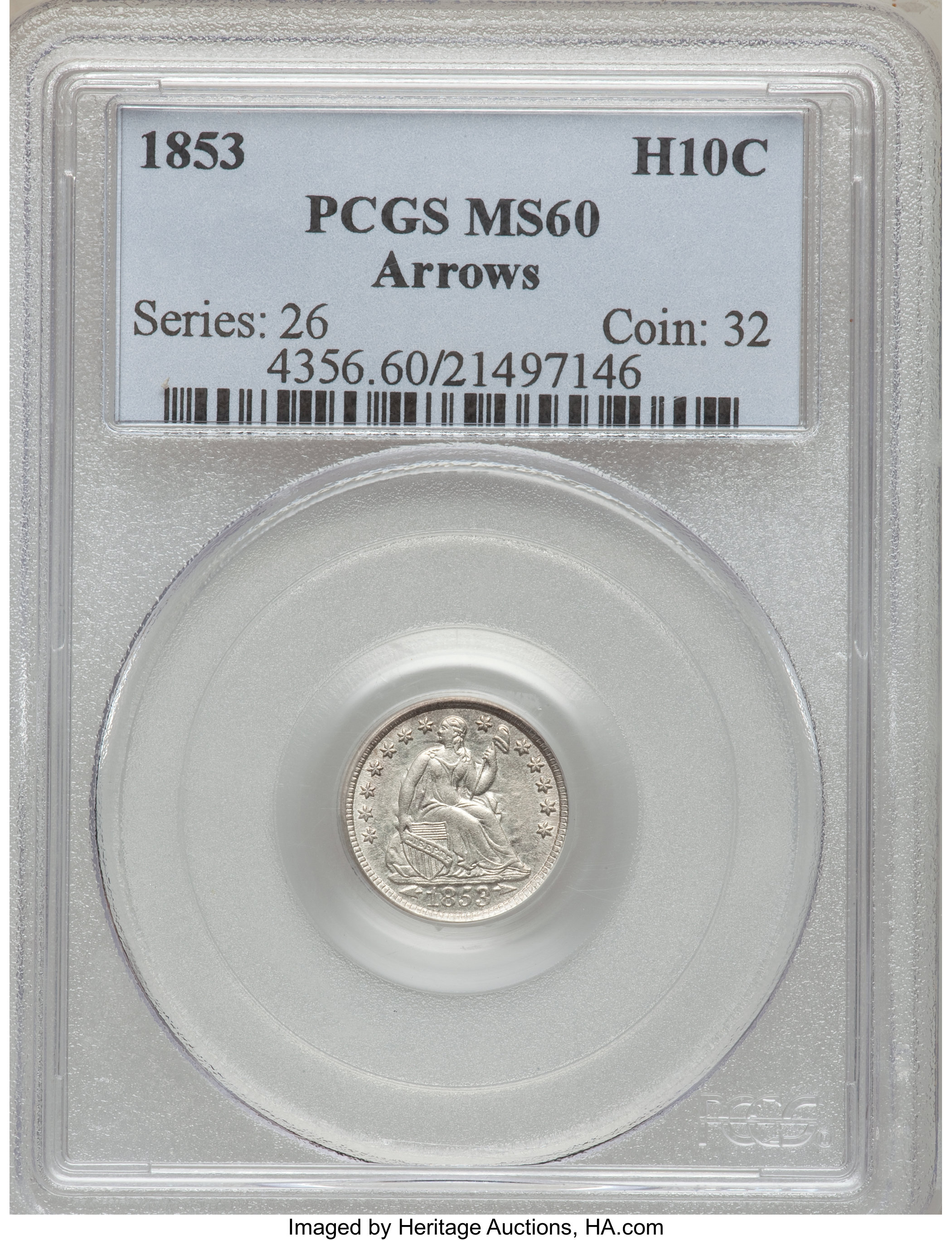 1853 H10C Arrows MS60 PCGS. PCGS Population (17/529). NGC Census: (3/708). Mintage: 13,210,020. Numismedia Wsl. Price for p...