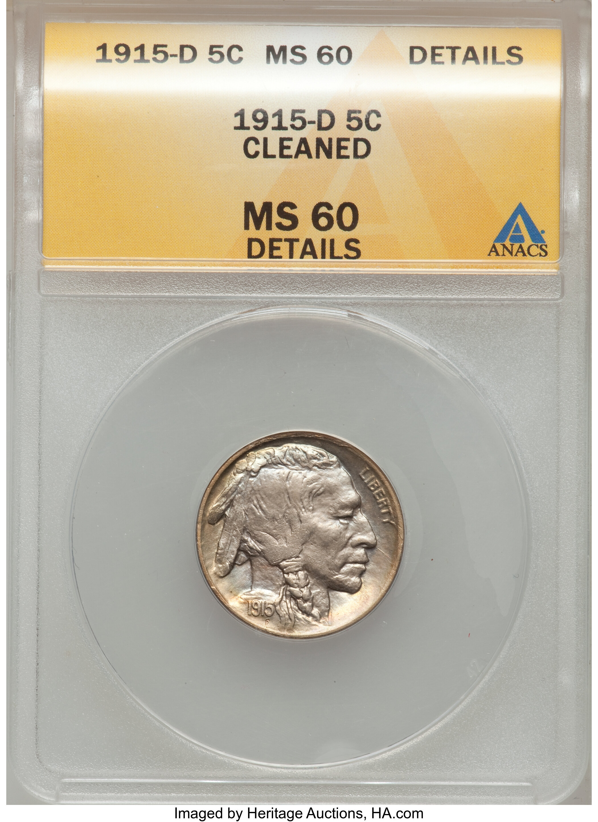 1915-D 5C -- Cleaned -- ANACS. MS60 Details. NGC Census: (4/551). PCGS Population (6/715). Mintage: 7,569,000. Numismedia W...