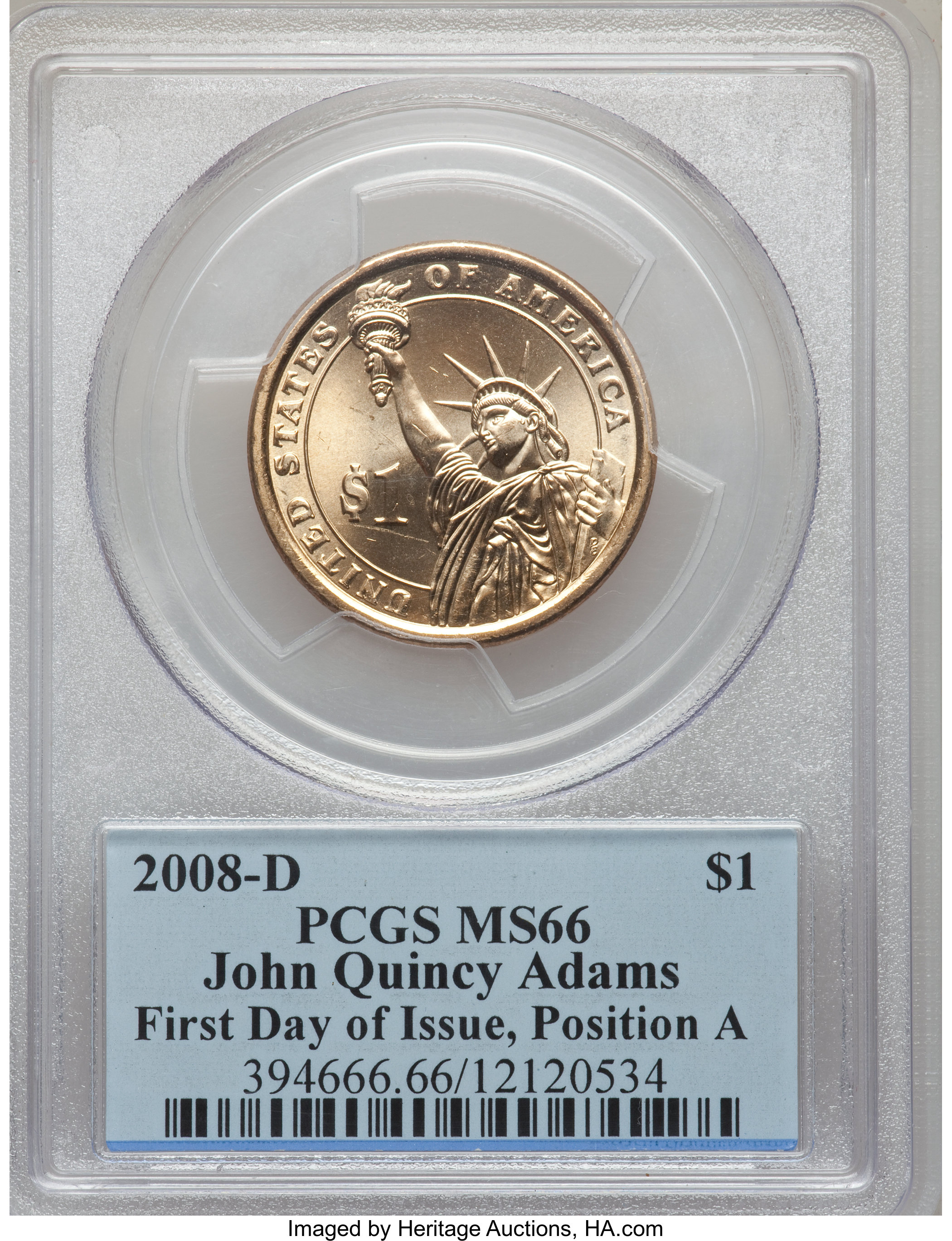 image for: (2)2008-D $1 John Quincy Adams First Day of Issue Ps A & Ps B, MS66 PCGS.... (Total: 2 coins)