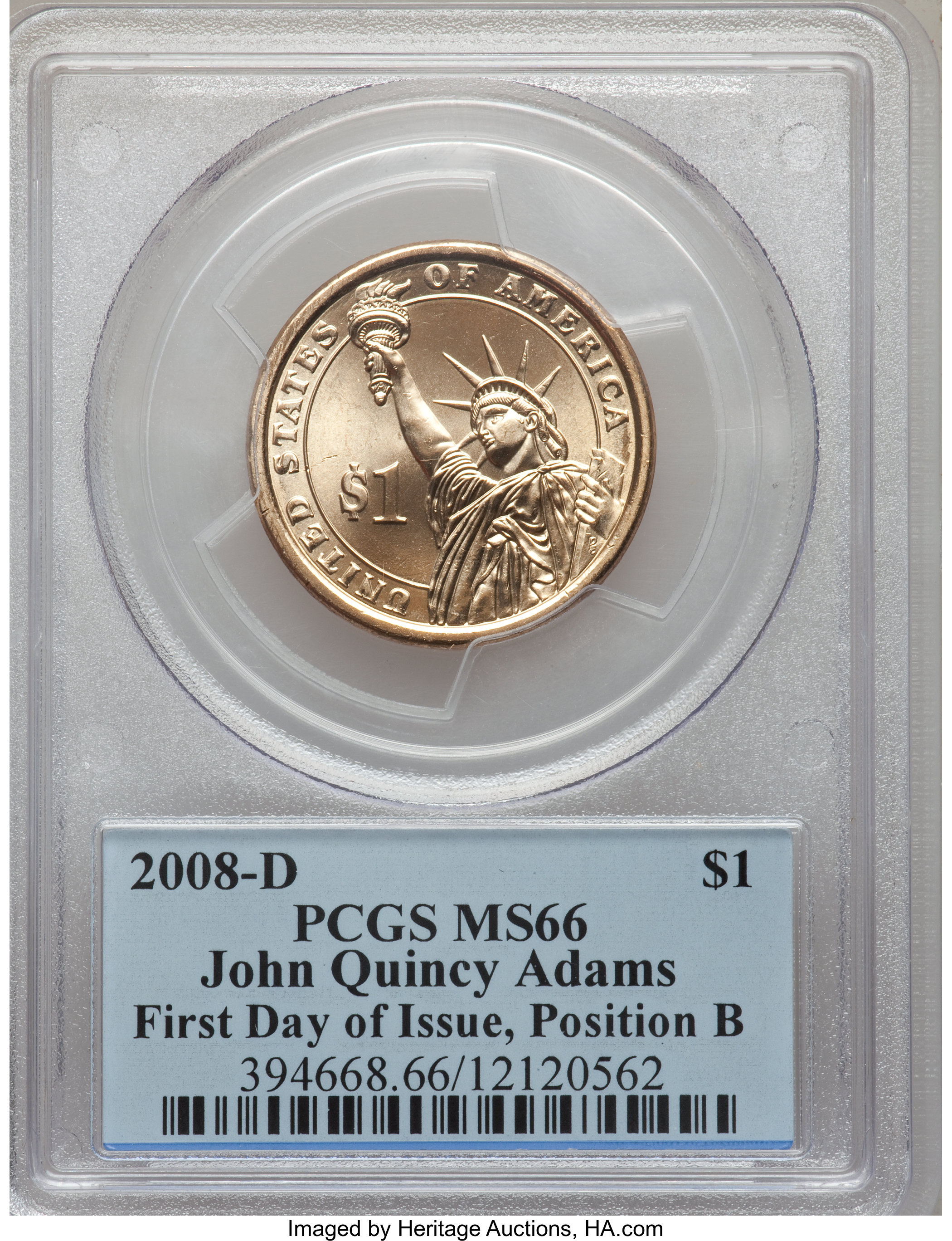 image for: (2)2008-D $1 John Quincy Adams First Day of Issue Ps A & Ps B, MS66 PCGS.... (Total: 2 coins)