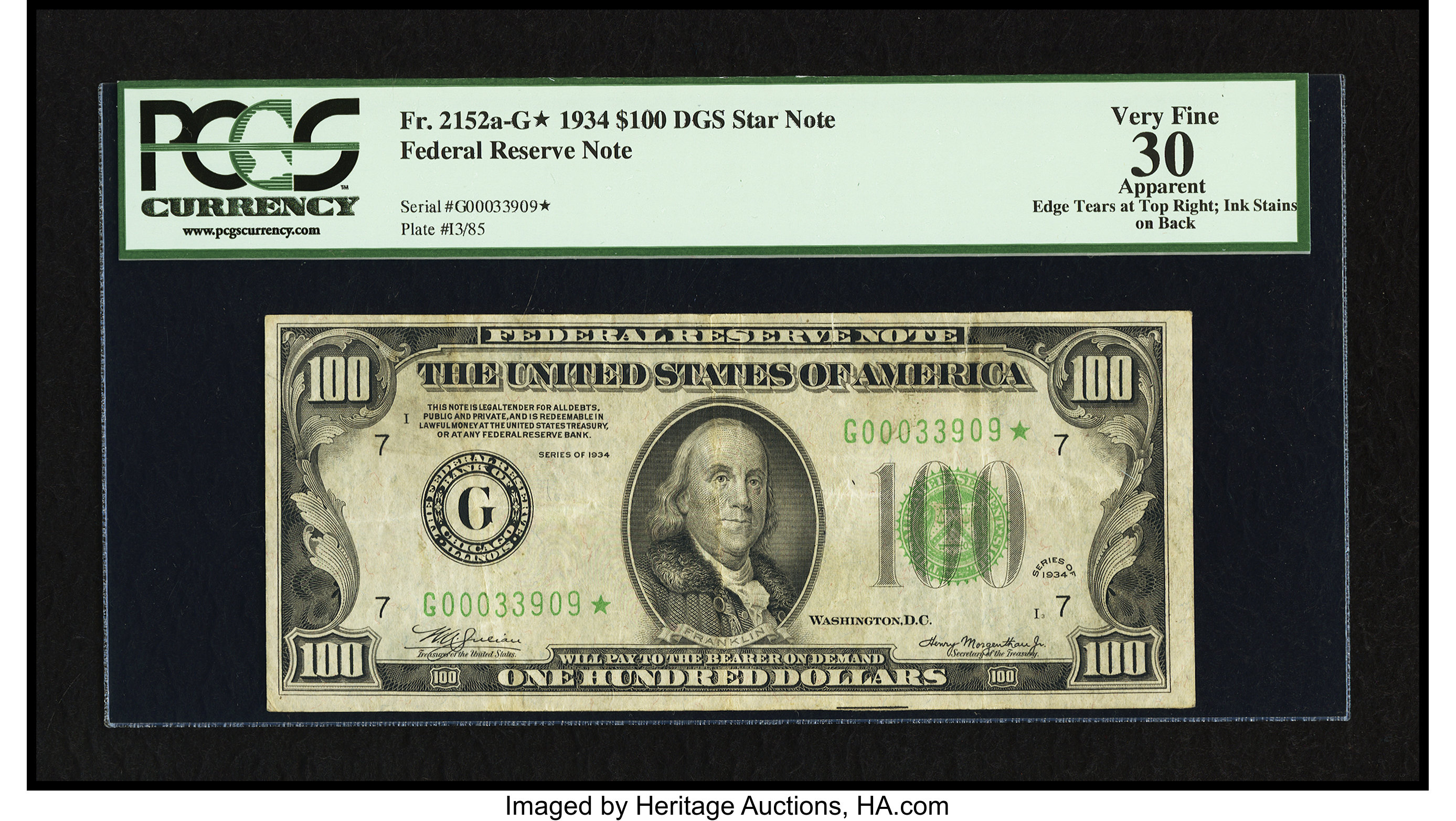 image for: Fr. 2152-G* $100 1934 Dark Green Seal Federal Reserve Star Note. PCGS Apparent Very Fine 30....