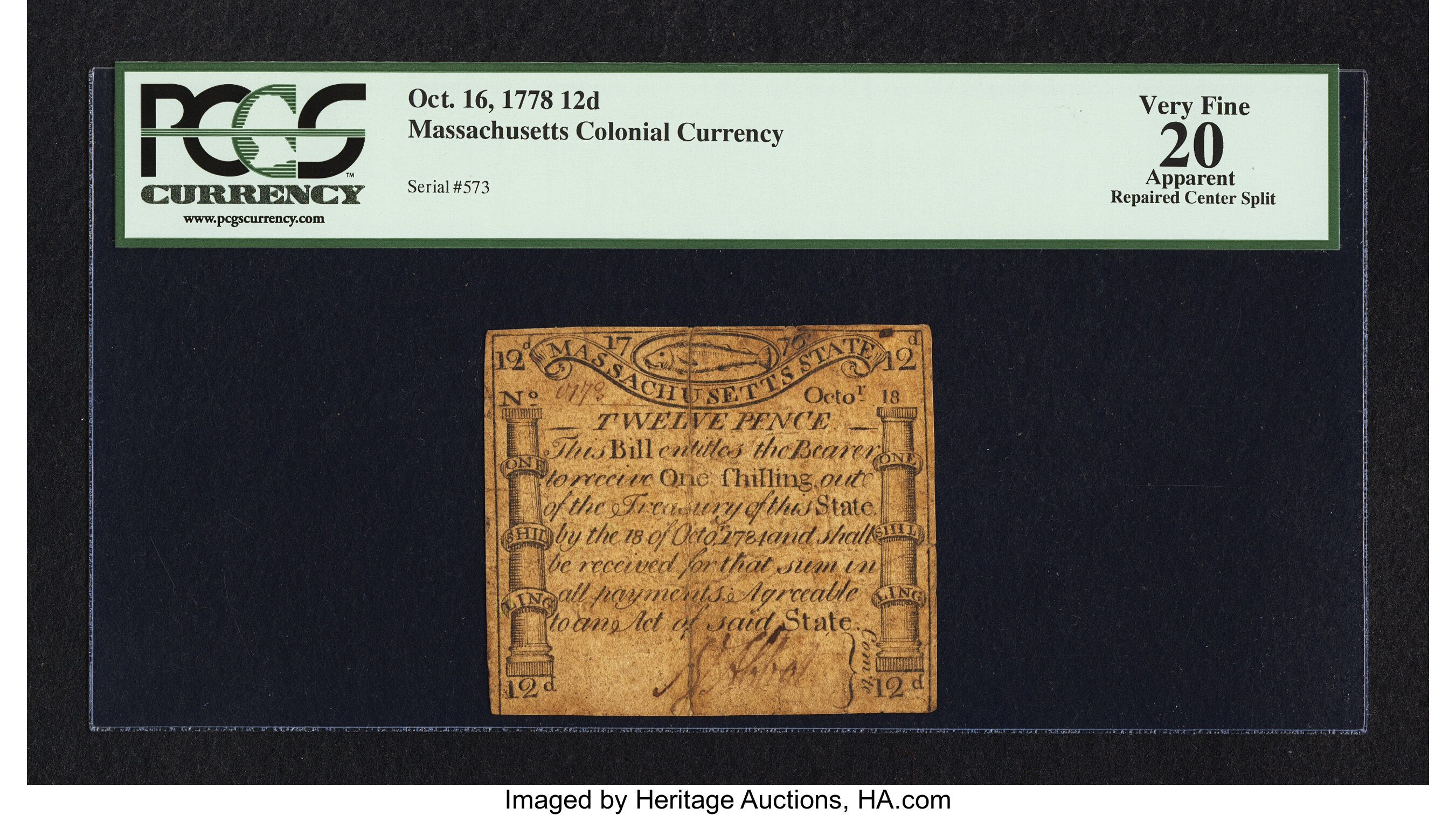 image for: Massachusetts October 16, 1778 12d PCGS Apparent Very Fine 20....