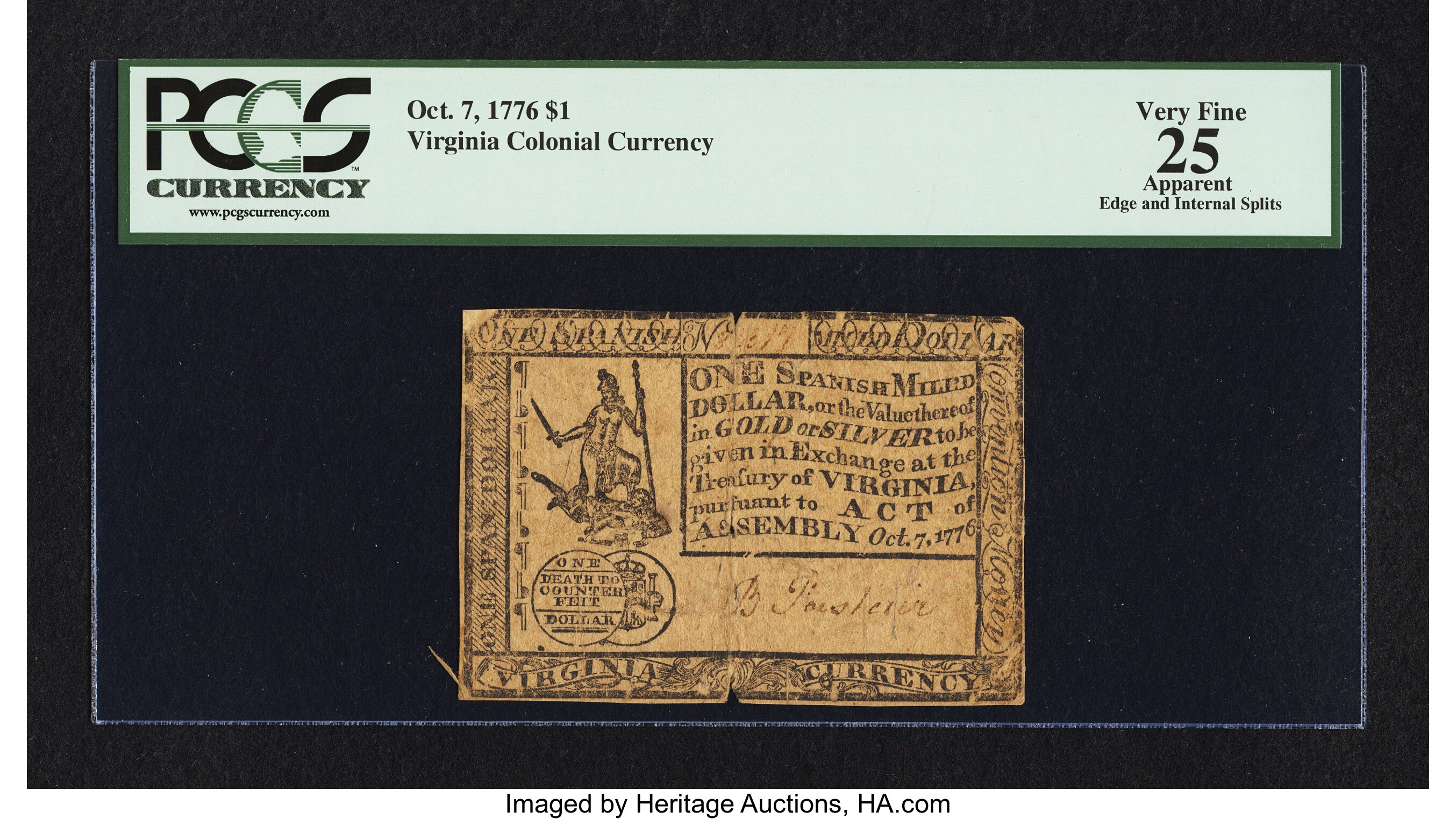 image for: Virginia October 7, 1776 $1 PCGS Apparent Very Fine 25....