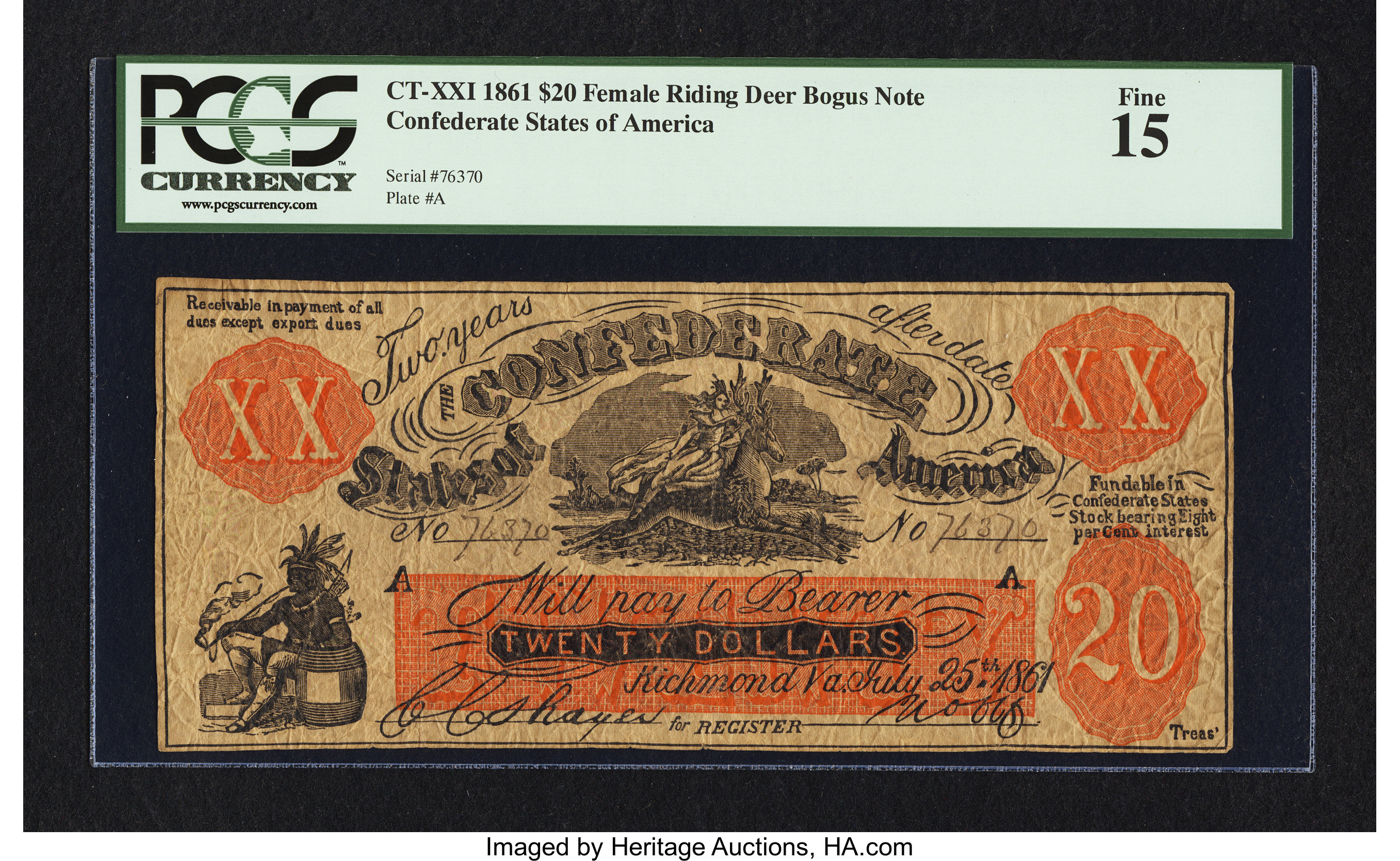 image for: XXI $20 Female Riding Deer Bogus Note 1861....