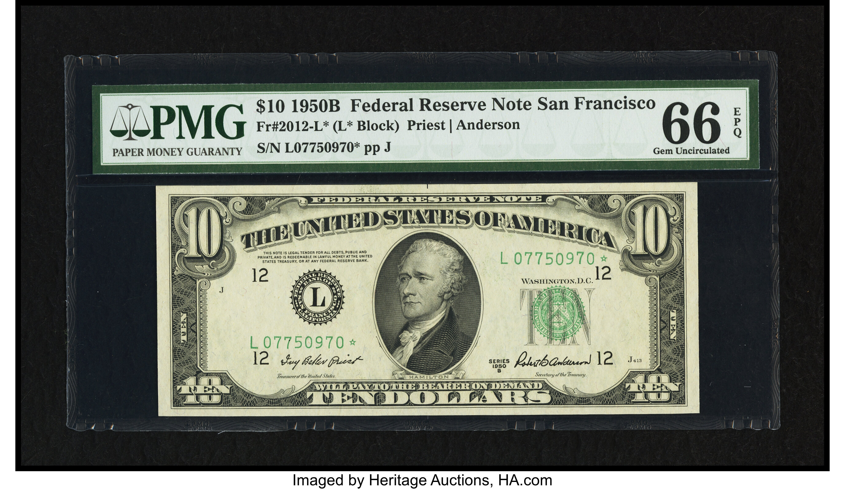 image for: Fr. 2012-L* $10 1950B Federal Reserve Note. PMG Gem Uncirculated 66 EPQ....