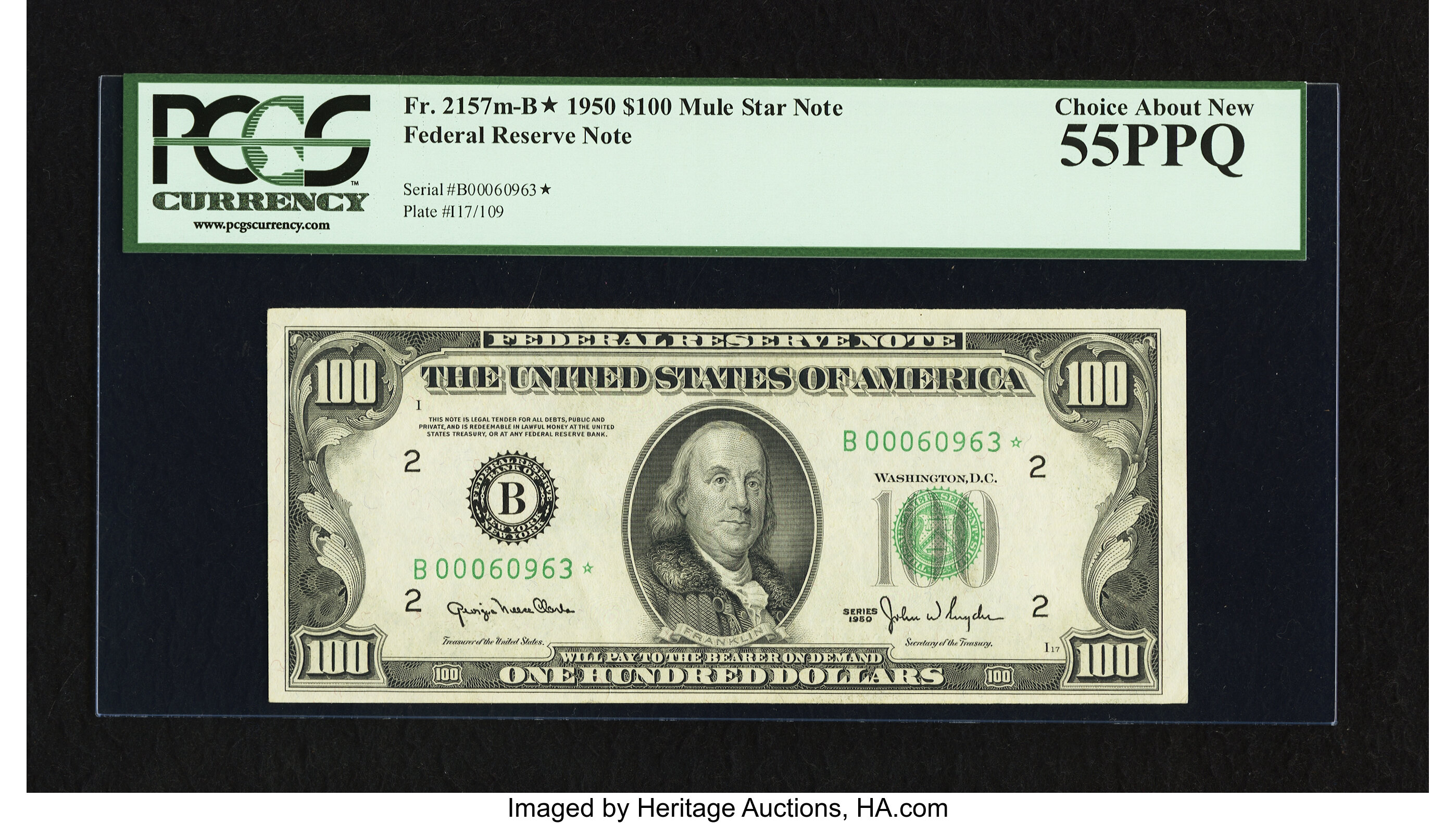 image for: Fr. 2157-B* $100 1950 Mule Federal Reserve Note. PCGS Choice About New 55PPQ....