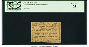 image for: Massachusetts June 18, 1776 3s 6d PCGS Very Fine 25....