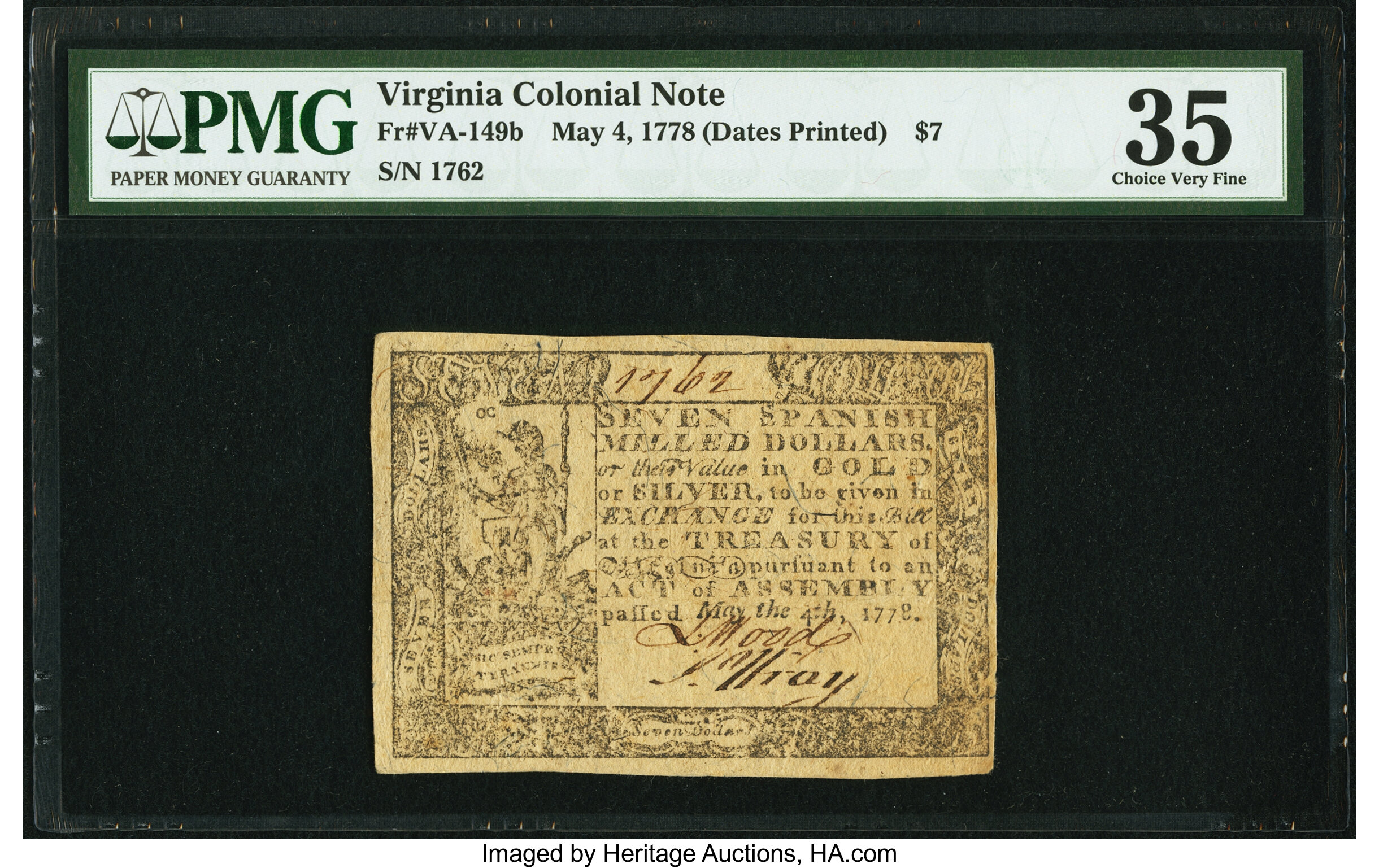 image for: Virginia May 4, 1778 (Dates Printed) $7 PMG Choice Very Fine 35....