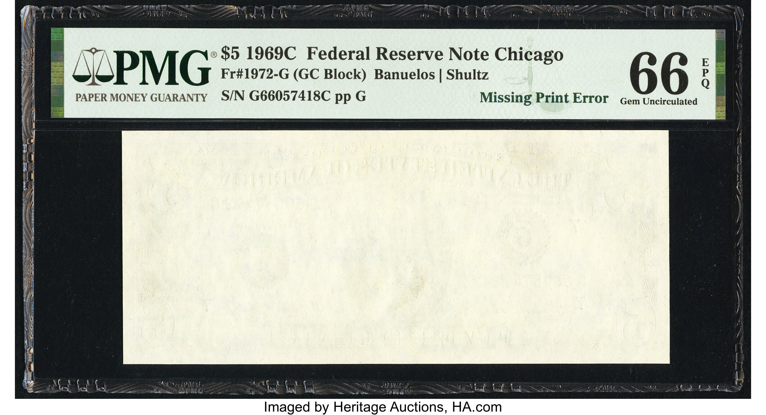 image for: First Print Missing Error Fr. 1972-G $5 1969C Federal Reserve Note. PMG Gem Uncirculated 66 EPQ....