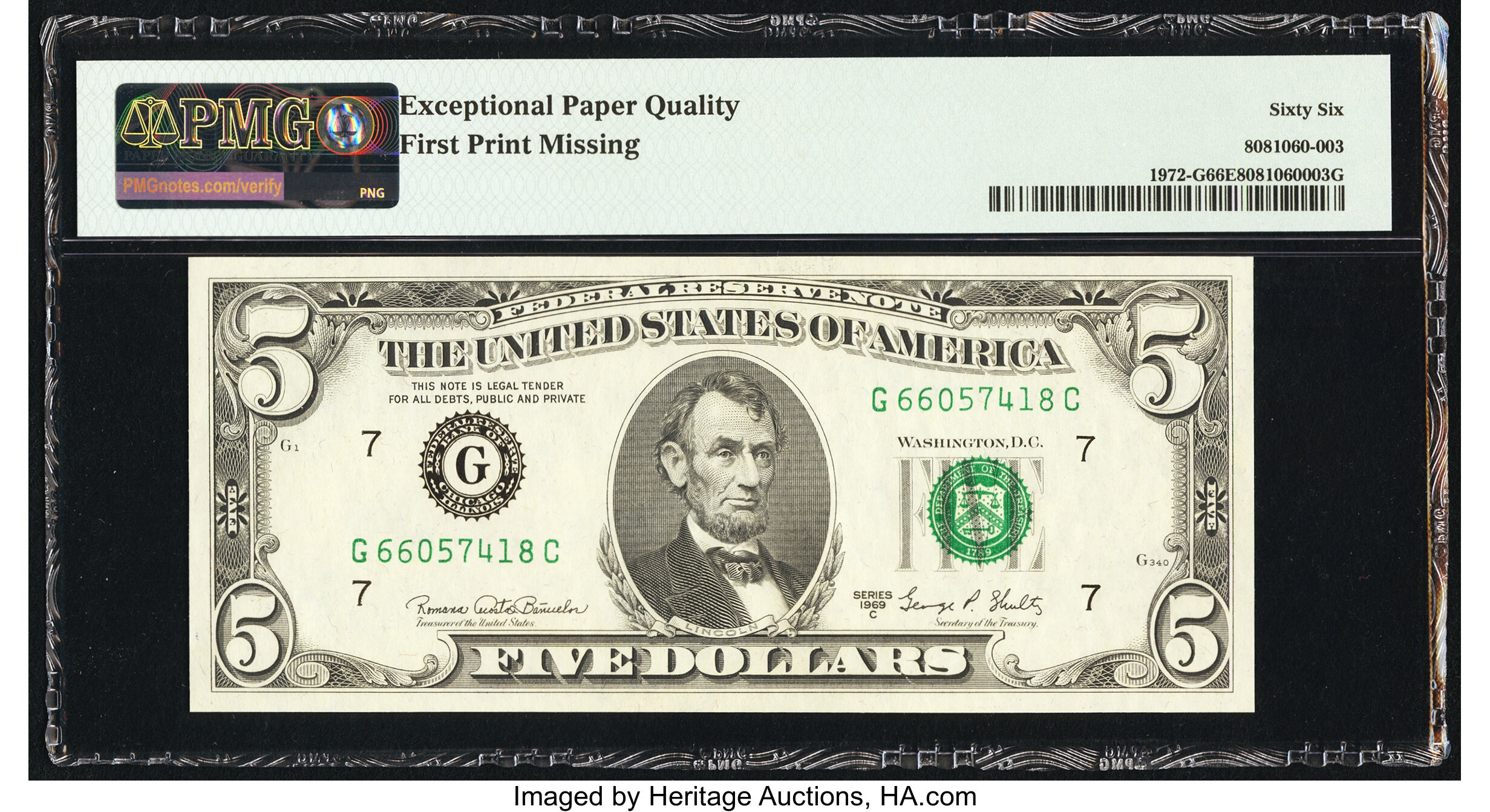 image for: First Print Missing Error Fr. 1972-G $5 1969C Federal Reserve Note. PMG Gem Uncirculated 66 EPQ....