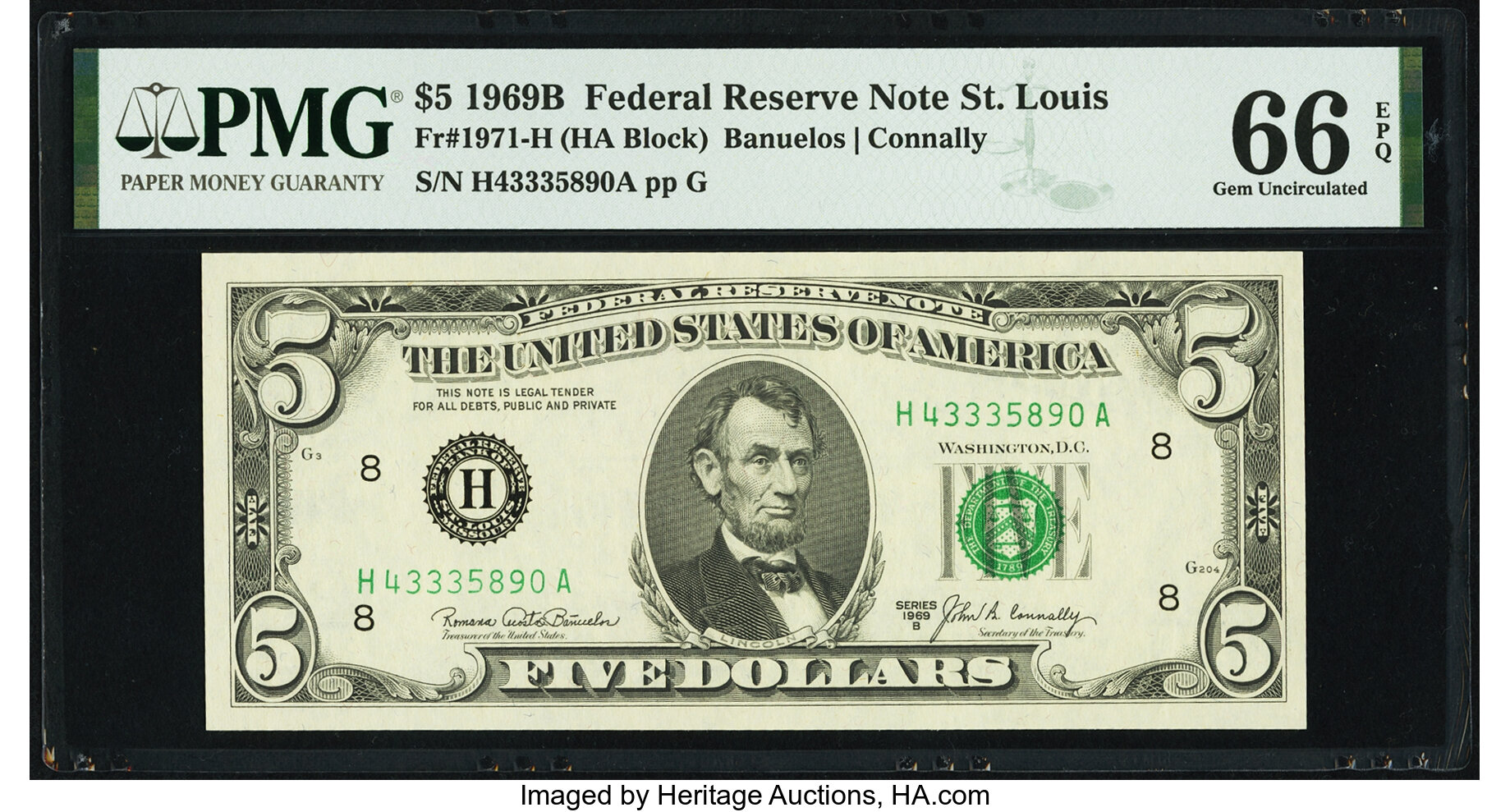 image for: Fr. 1971-H $5 1969B Federal Reserve Note. PMG Gem Uncirculated 66 EPQ....