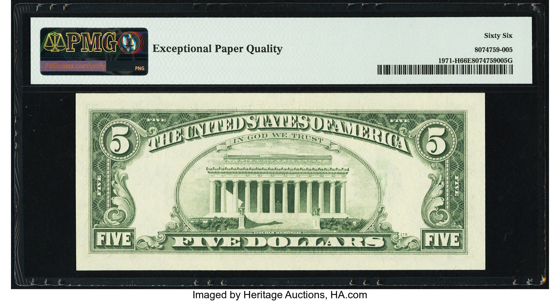 image for: Fr. 1971-H $5 1969B Federal Reserve Note. PMG Gem Uncirculated 66 EPQ....