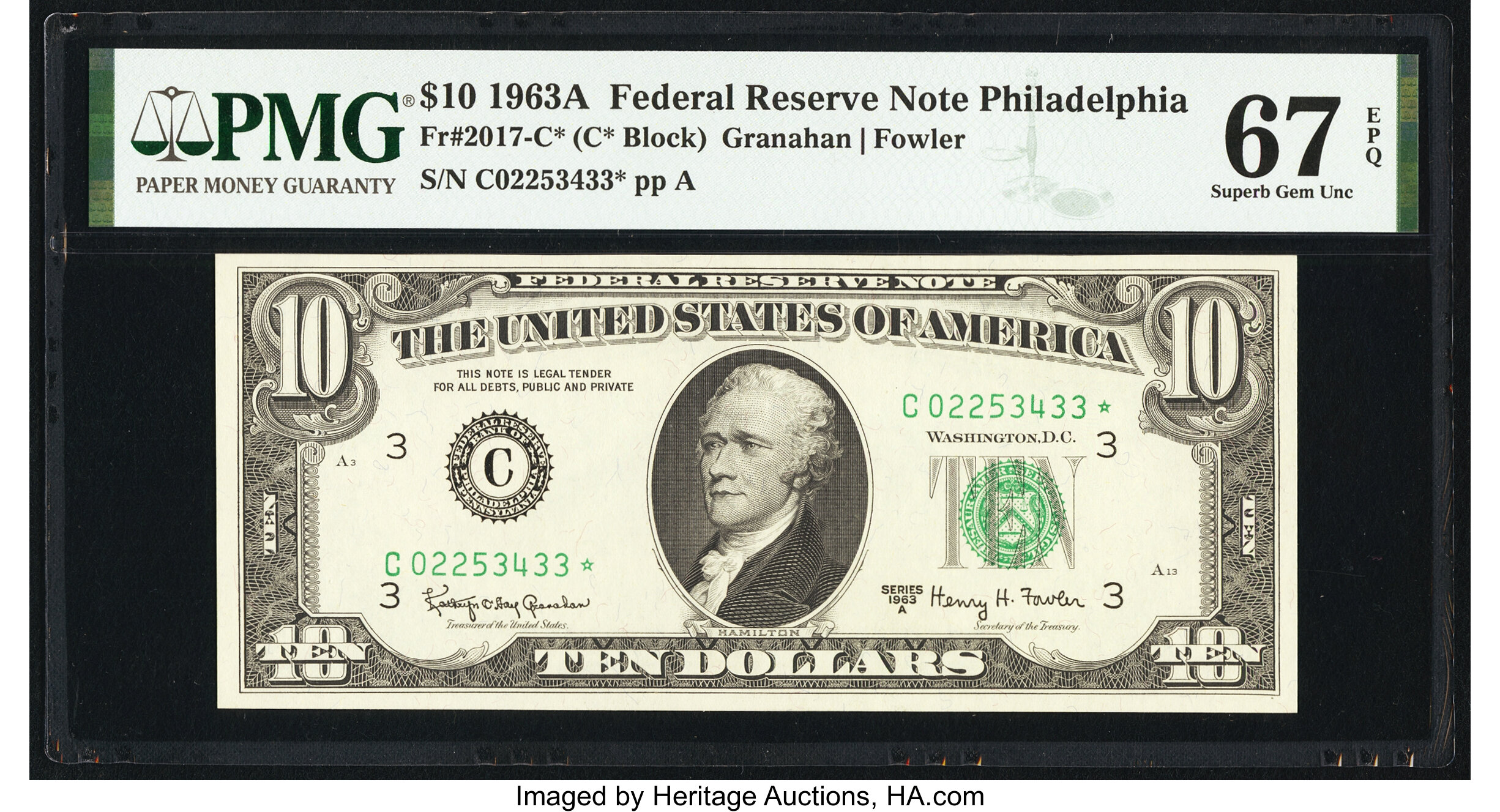 image for: Fr. 2017-C* $10 1963A Federal Reserve Star Note. PMG Superb Gem Unc 67 EPQ....