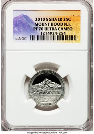 image for: 2010-S 25C Mount Hood Silver, National Forest PR70 Ultra Cameo NGC. NGC Census: (0). PCGS Population (330). (#418852)...