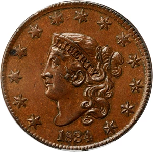 image for: 1834 Matron Head Cent. N-1. Rarity-1. Noyes Die State B. Small 8, Large Stars, Medium Letters. AU-58 (ANACS).