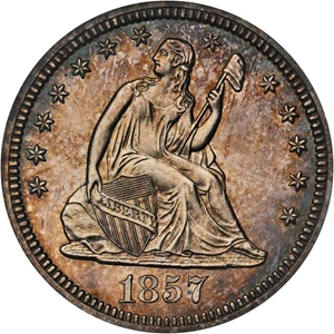 image for: 1857 Liberty Seated Quarter. Proof-64+ Cameo (PCGS). CAC.