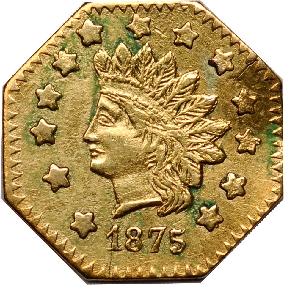 image for: 1875 Octagonal $1. BG-1126. Rarity-5. Indian Head. EF-40 Cleaned, PVC (Uncertified).