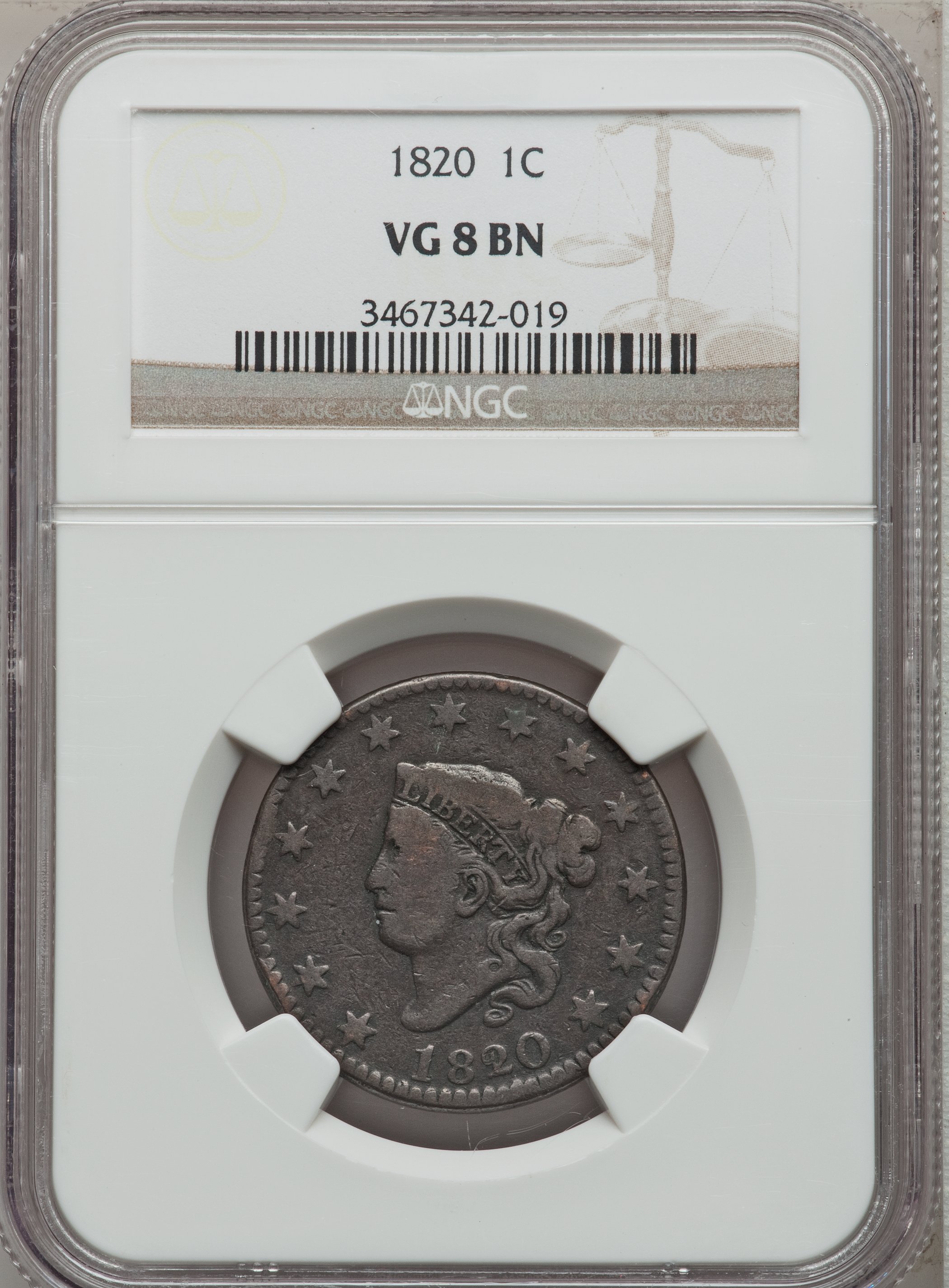 1820 1C Large Date VG8 Brown NGC. NGC Census: (4/989). PCGS Population (0/481). Mintage: 4,407,550. Numismedia Wsl. Price f...