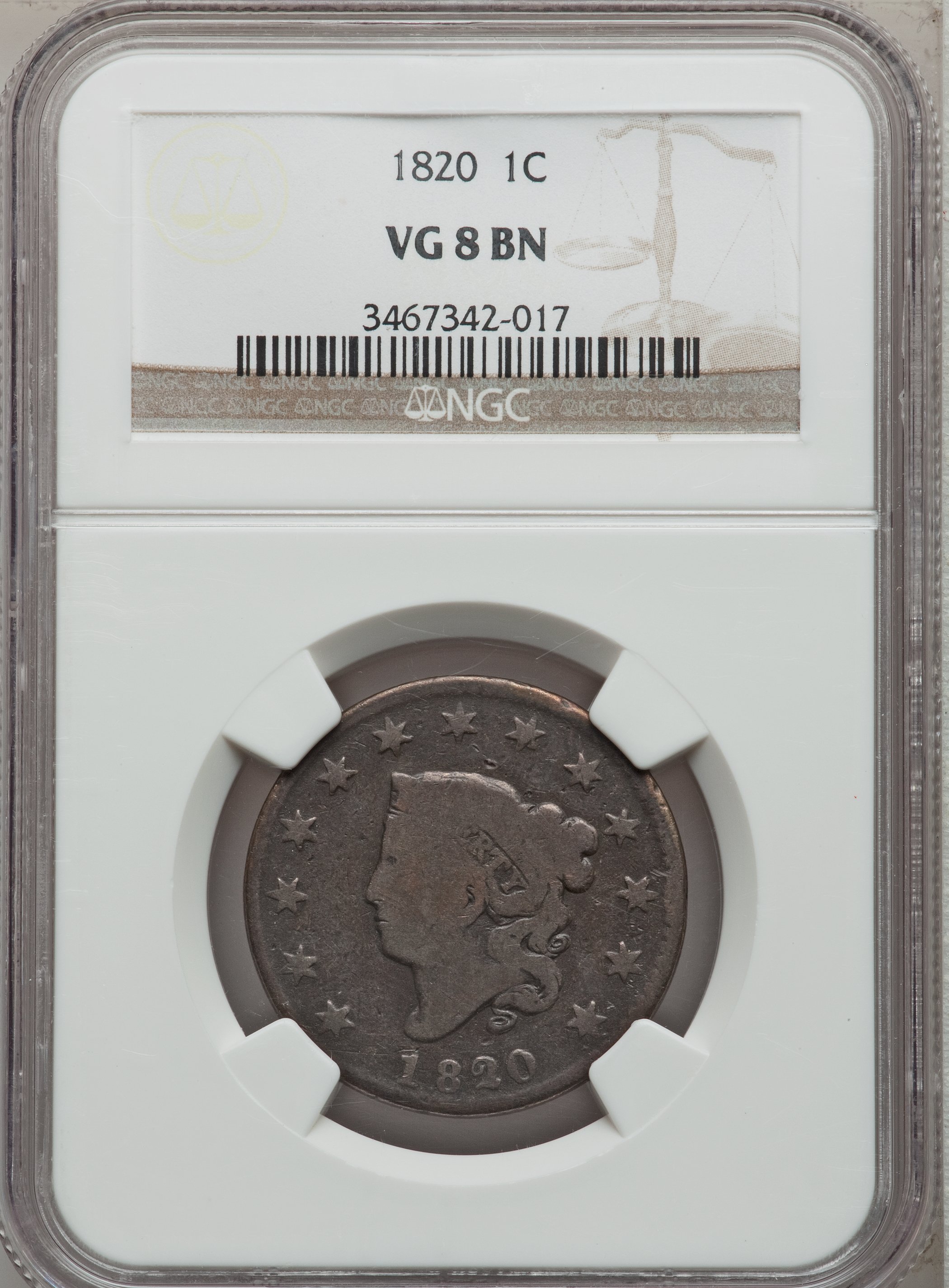1820 1C Large Date VG8 Brown NGC. NGC Census: (4/989). PCGS Population (0/481). Mintage: 4,407,550. Numismedia Wsl. Price f...
