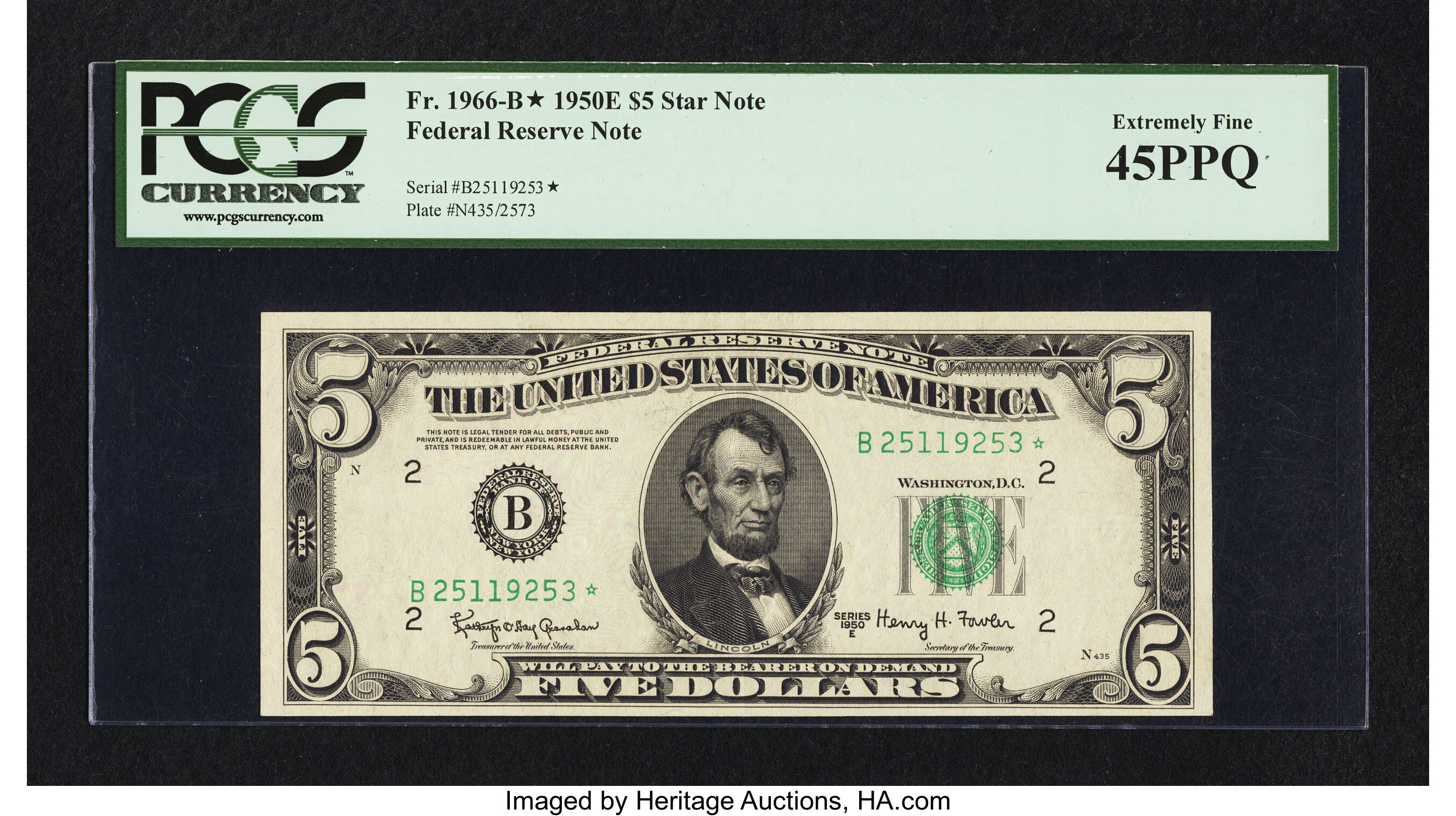 image for: Fr. 1966-B* $5 1950E Federal Reserve Note. PCGS Extremely Fine 45PPQ....