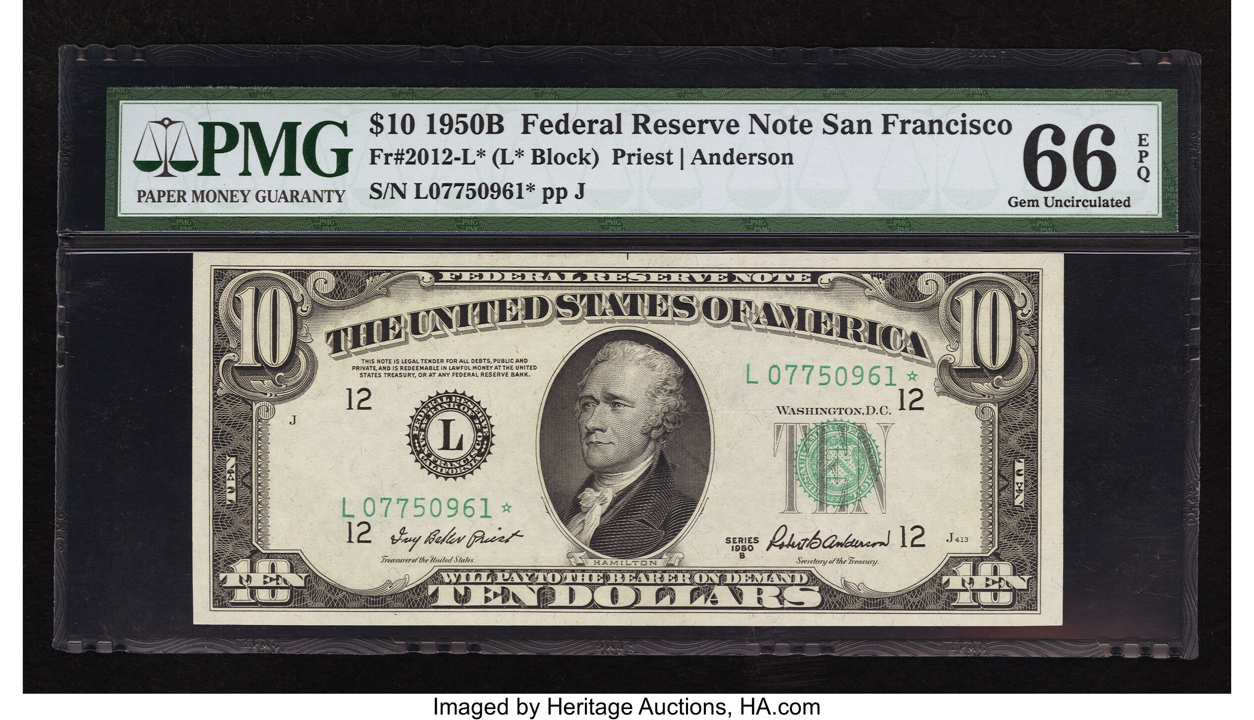 image for: Fr. 2012-L* $10 1950B Federal Reserve Star Note. PMG Gem Uncirculated 66 EPQ....