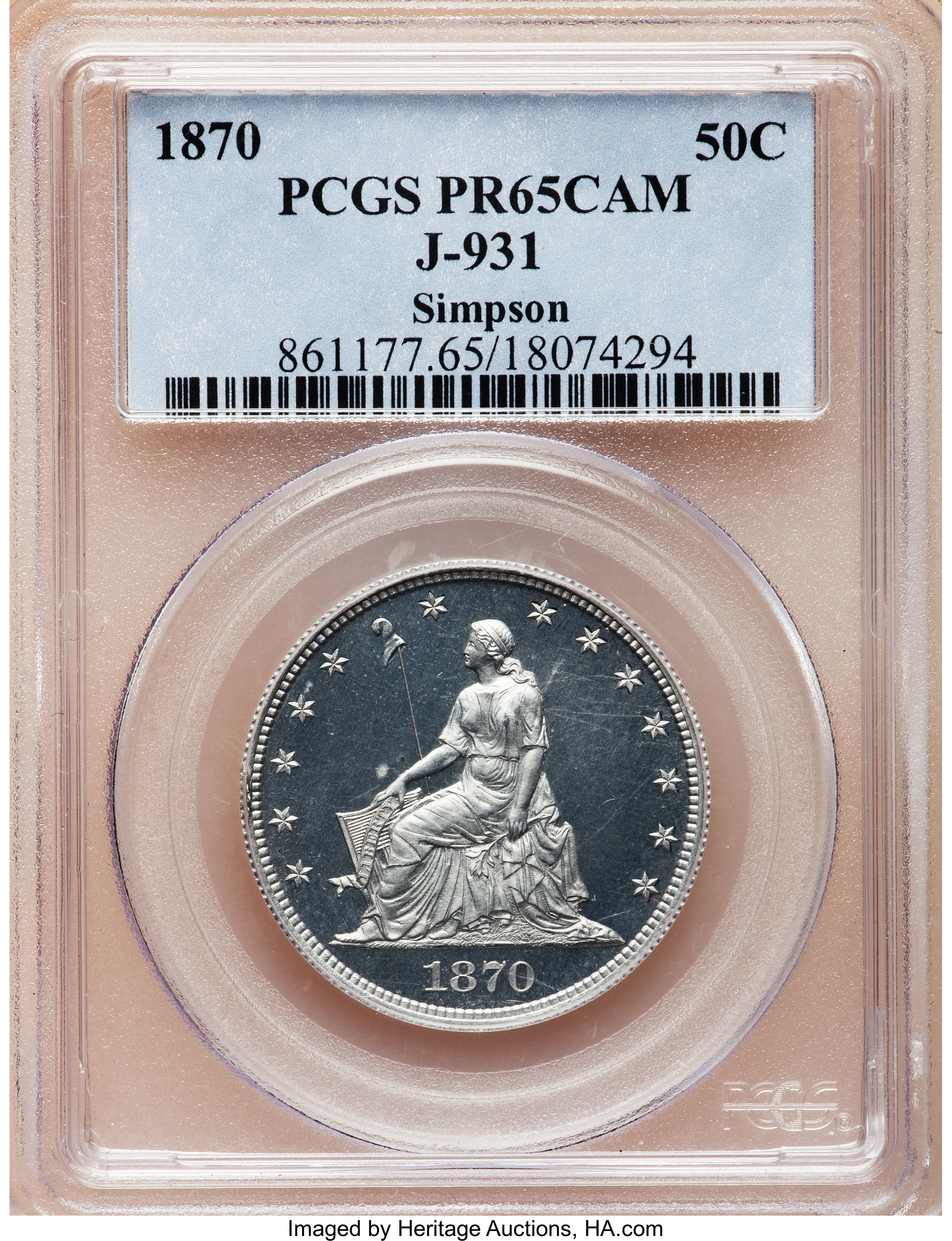 image for: 1870 50C Standard Silver Half Dollar, Judd-931, Pollock-1037, R.7, PR65 Cameo PCGS....