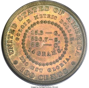 image for: 1880 $1 Goloid Metric Dollar, Judd-1652, Pollock-1852, R.6-7, PR63 Red and Brown PCGS....