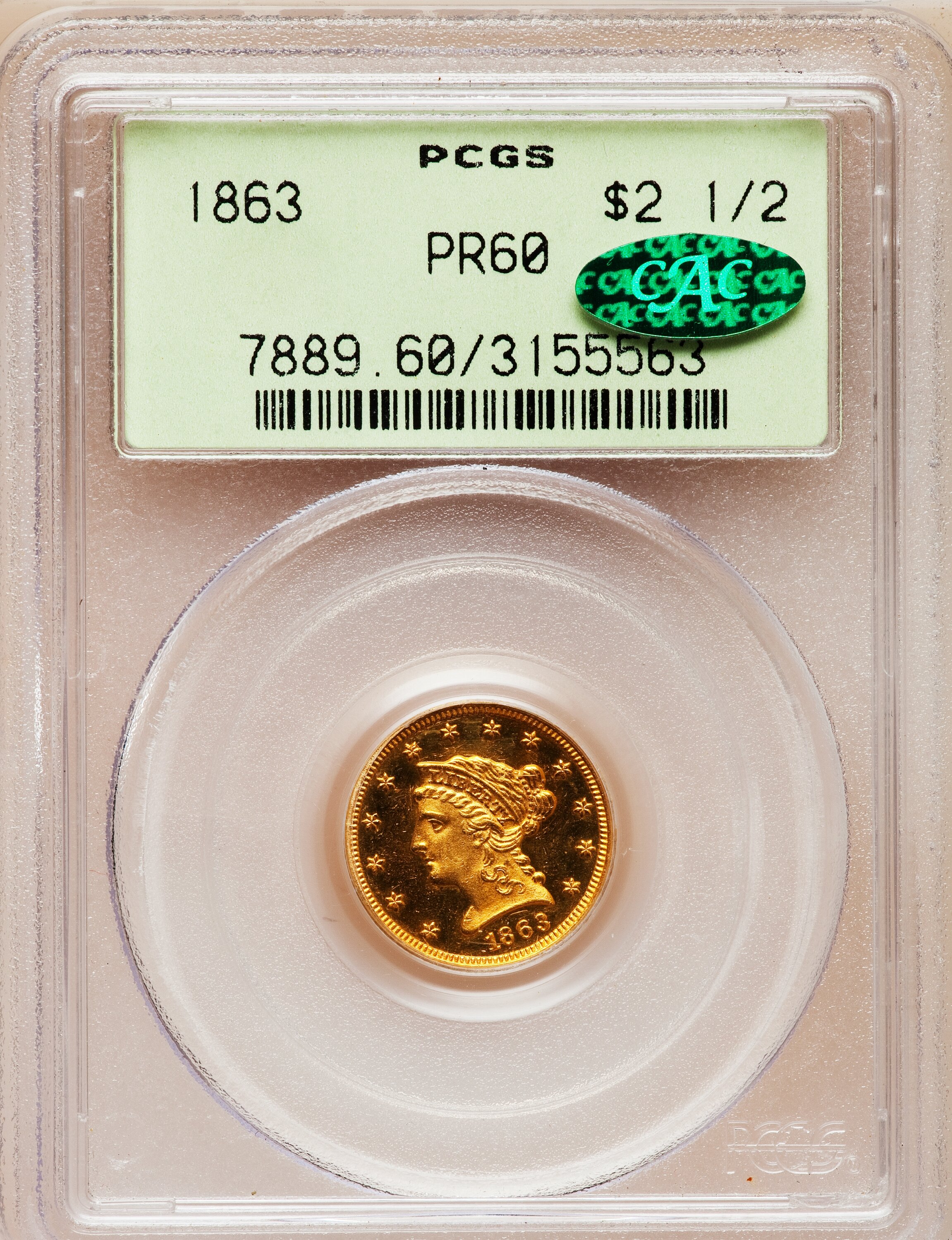 image for: 1863 $2 1/2 PR60 PCGS. CAC....