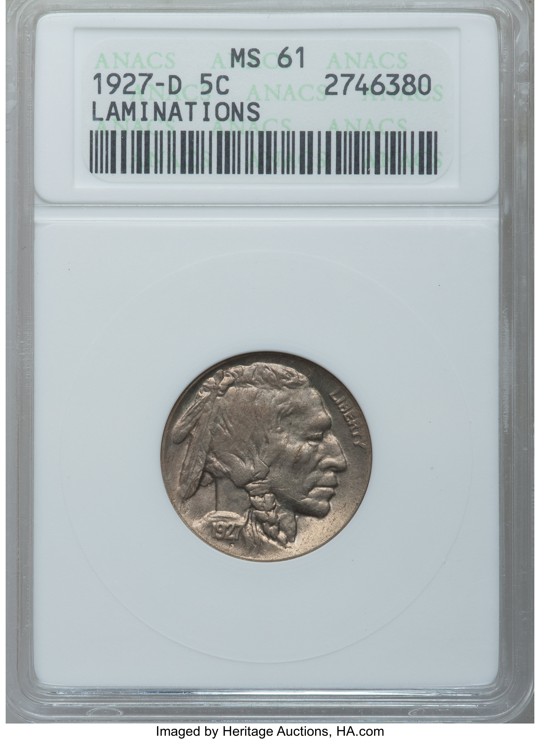 1927-D 5C -- Laminations -- MS61 ANACS. NGC Census: (22/580). PCGS Population (3/818). Mintage: 5,730,000. Numismedia Wsl. ...