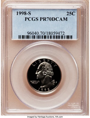 image for: 1998-S 25C Clad PR70 Deep Cameo PCGS. PCGS Population (168). NGC Census: (219). Numismedia Wsl. Price for problem free NGC...