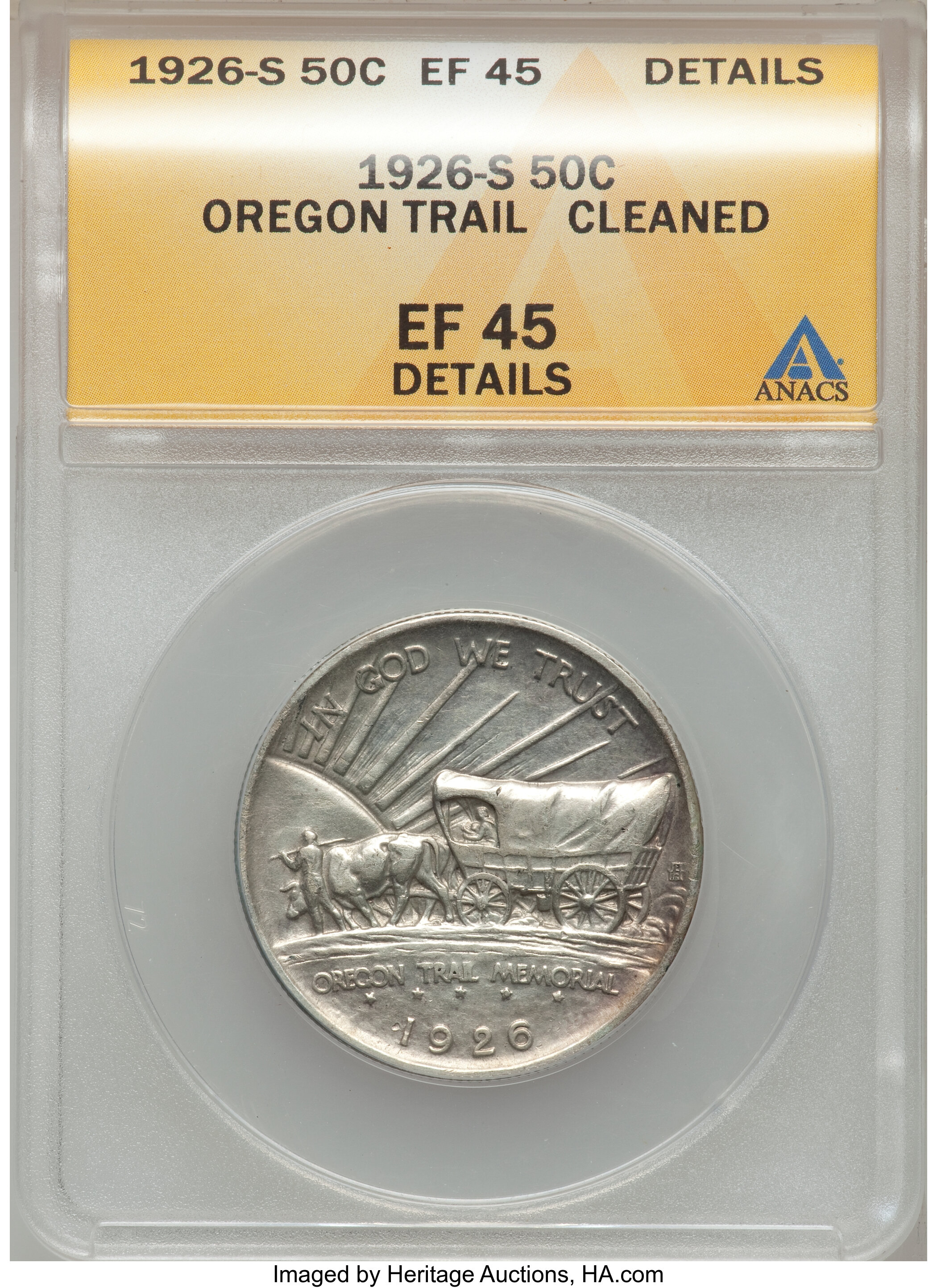 1926-S 50C Oregon -- Cleaned -- ANACS. XF45 Details. NGC Census: (0/2651). PCGS Population (3/3551). Mintage: 83,055. Numis...