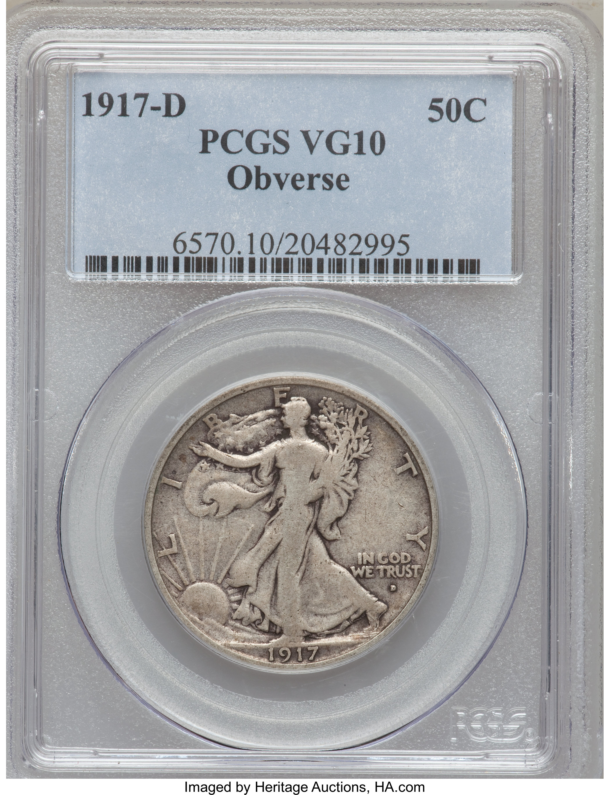 1917-D 50C Obverse VG10 PCGS. PCGS Population (17/985). NGC Census: (7/731). Mintage: 765,400. Numismedia Wsl. Price for pr...