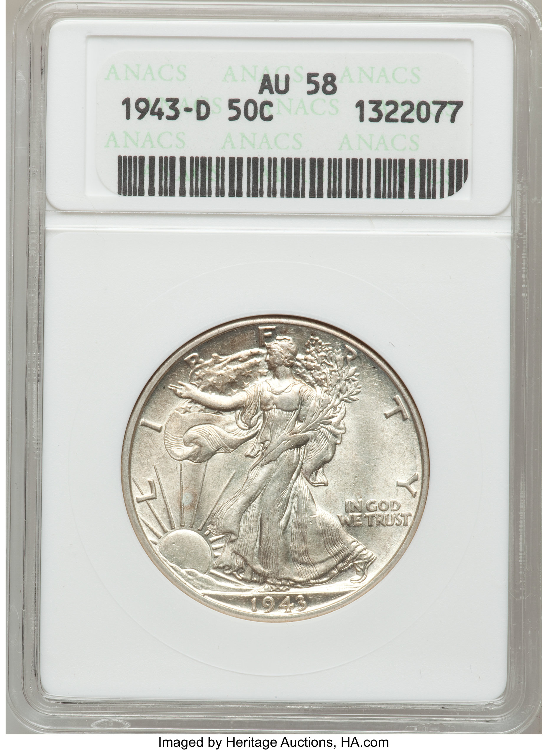 1943-D 50C AU58 ANACS. NGC Census: (69/4576). PCGS Population (115/7012). Mintage: 11,346,000. Numismedia Wsl. Price for pr...