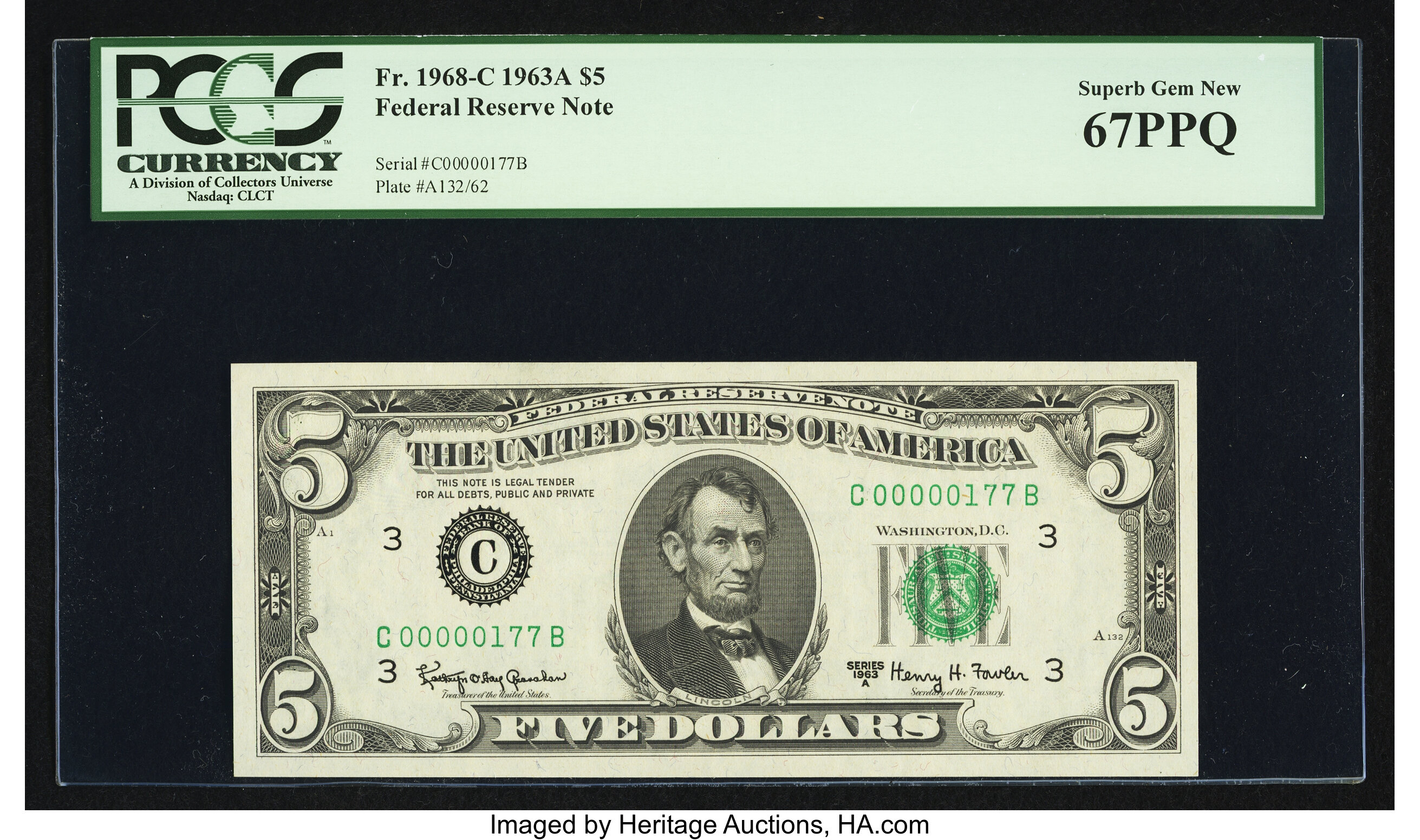 image for: Fr. 1968-C $5 1963A Federal Reserve Note. PCGS Superb Gem New 67PPQ....